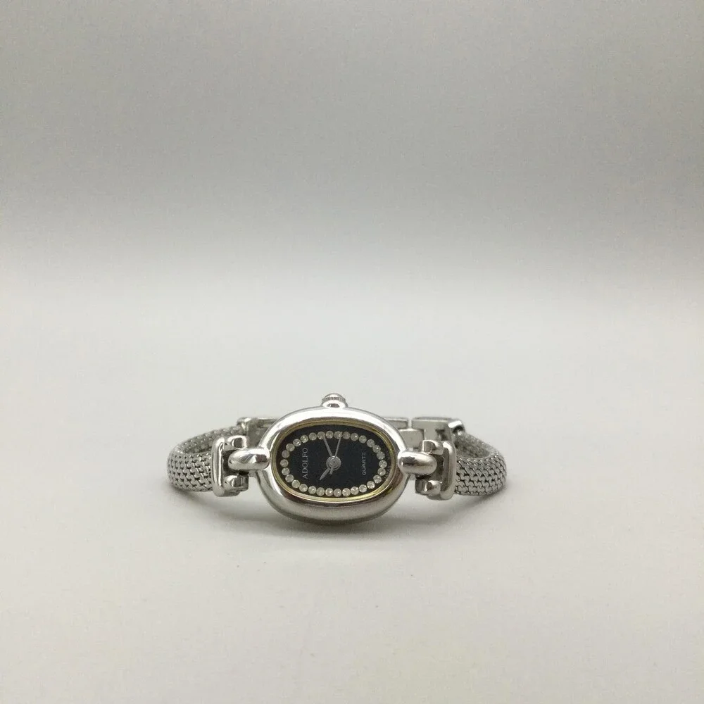 Adolfo Womens Watch 16mm Black Dial Silver Tone Crystals New Battery 7.5
